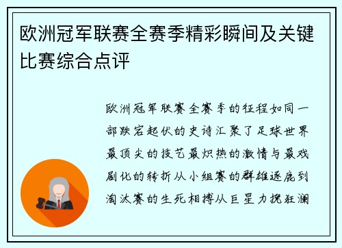 欧洲冠军联赛全赛季精彩瞬间及关键比赛综合点评